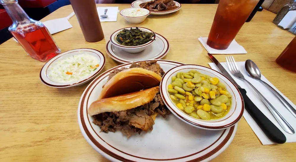 Barbecue Beef Deluxe w Coleslaw Butterbeans & Corn and Collards